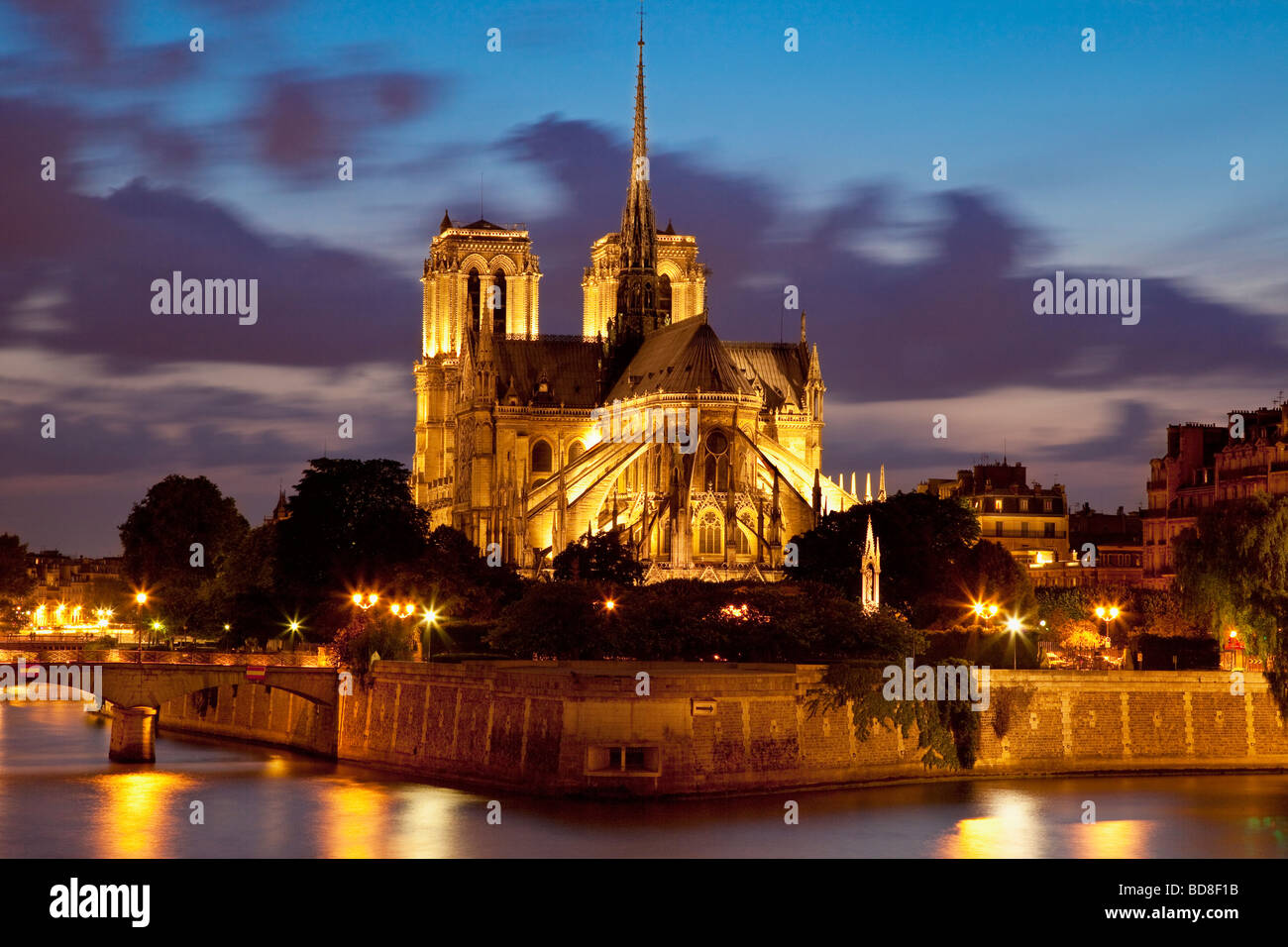 Notre Dame Cathedral along River Seine, Paris France Stock Photo