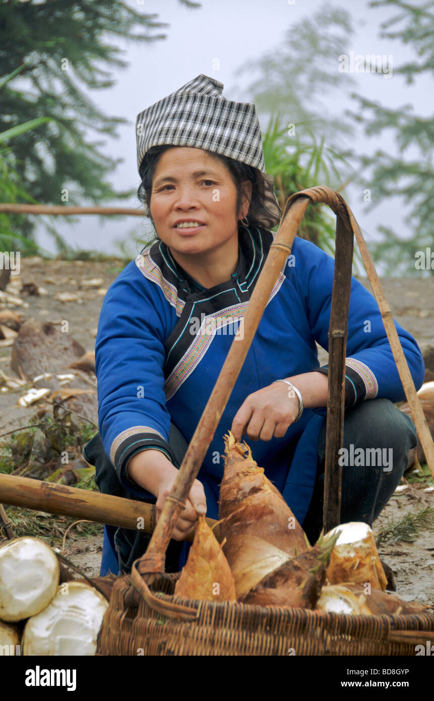 Shui woman selling edible bamboo Guizhou Province China Stock Photo