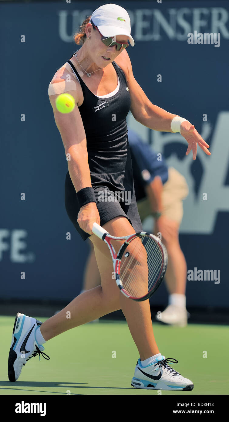 Samanata Stosur of Australia hits a slice to Flavia Penneta during the Los Angeles Open Championship Singles Final. Stock Photo