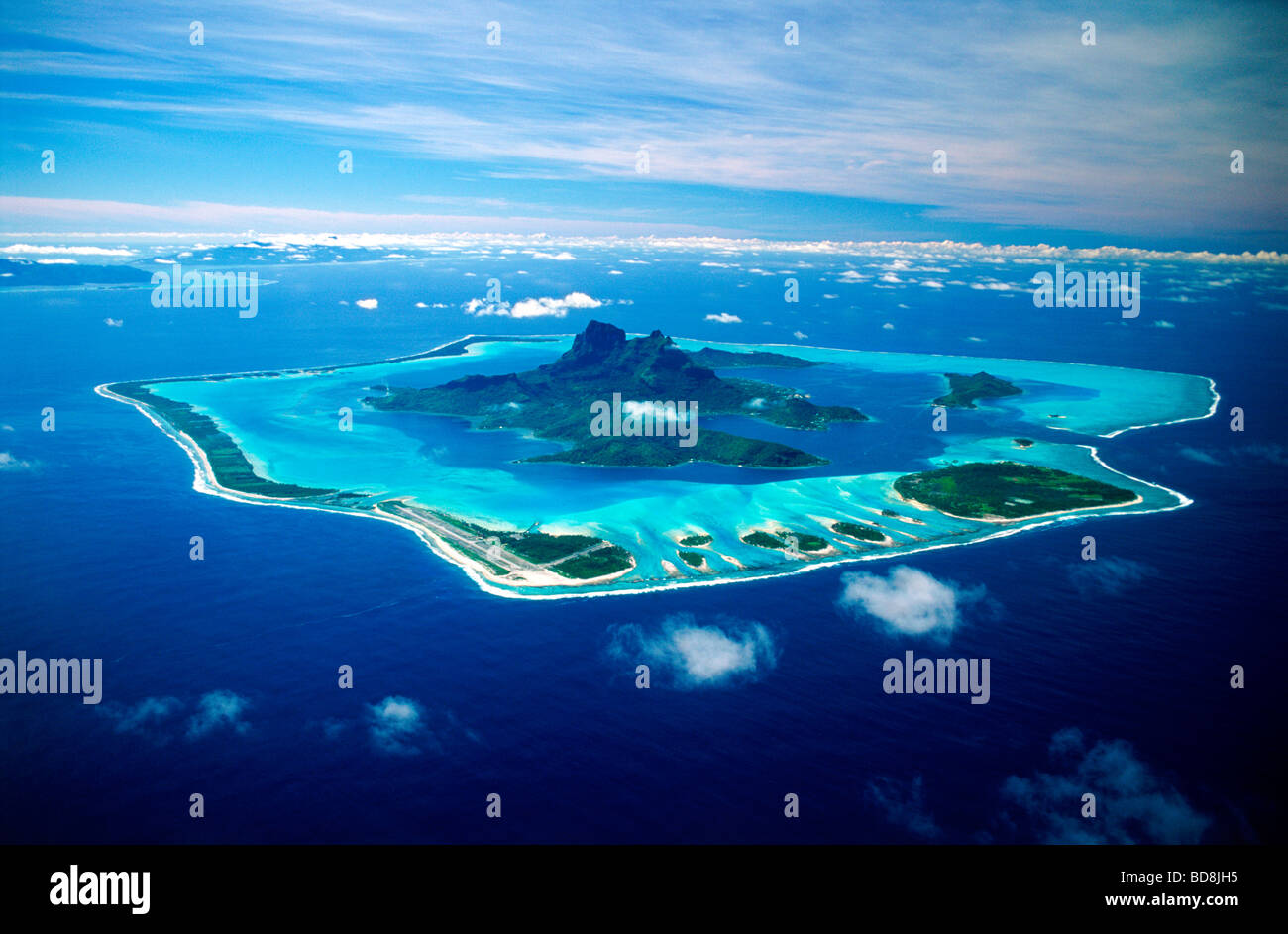 Aerial View Of Bora Bora Island Anchored In Blue South Pacific In The Aerial View Of Bora Bora Island Anchored In Blue South Pacific In The