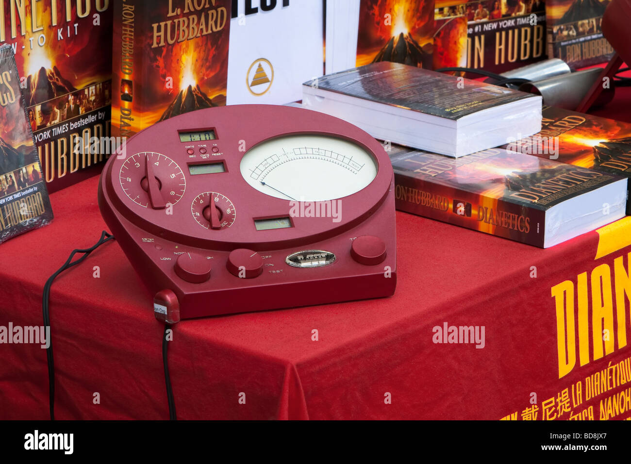 Stress meter and dianetics books at the scientology centre in London, UK Stock Photo