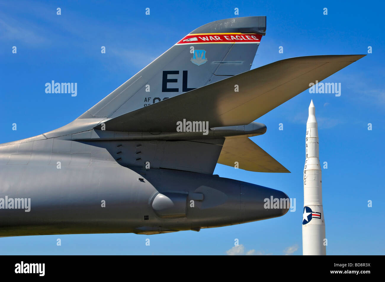 F101B Voodoo Aircraft and Space Rocket symbolising the South Dakota Air and Space Museum  near Rapid City Stock Photo