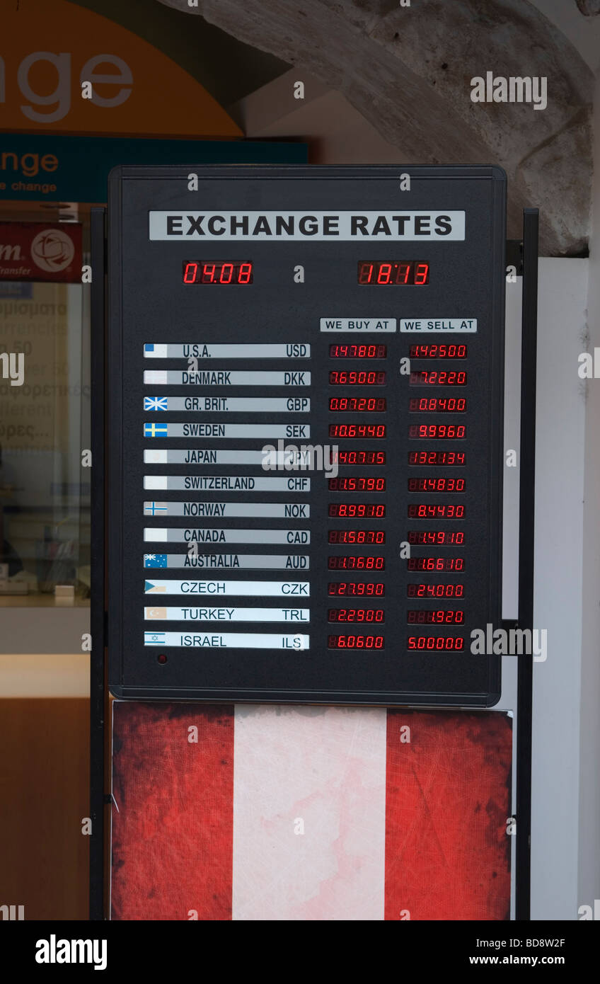 Euro currency exchange rates displayed on a board Stock Photo