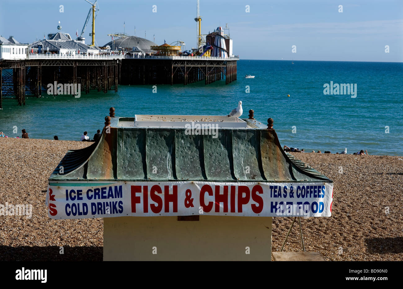 Brighton Britain England Holiday Staycation happy enjoy Summer Sunshine Hot beach Blue sky August fish and chips pier Stock Photo