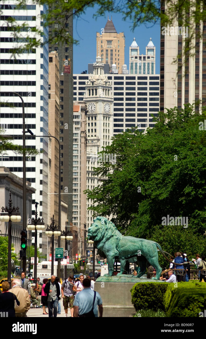 Lion Statue in City Center, Chicago, Il Stock Photo