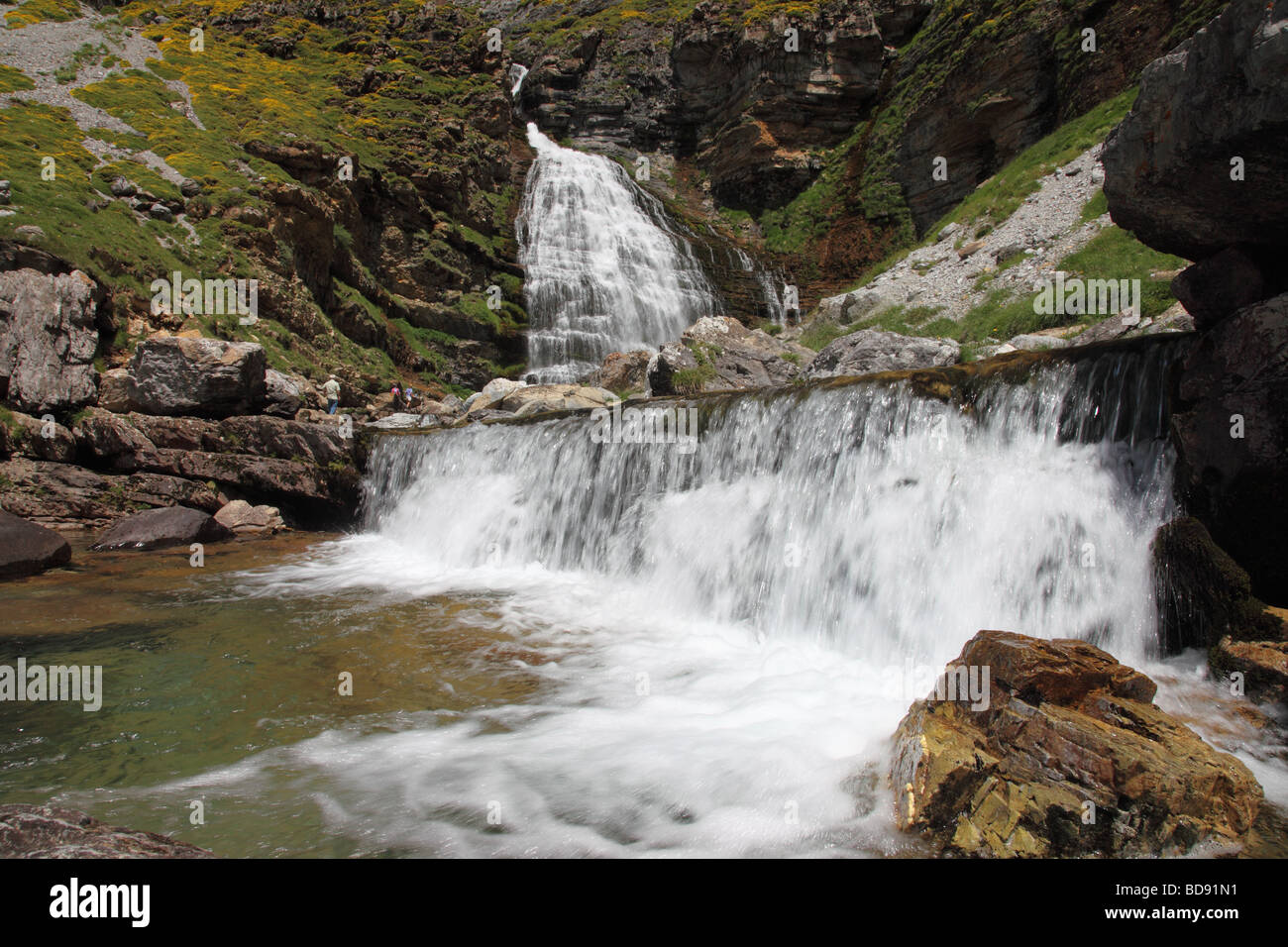 Waterfalls Cascada Cola de Caballo in the Circo De Soaso Parque National De Ordesa Pyrenees Spain Stock Photo