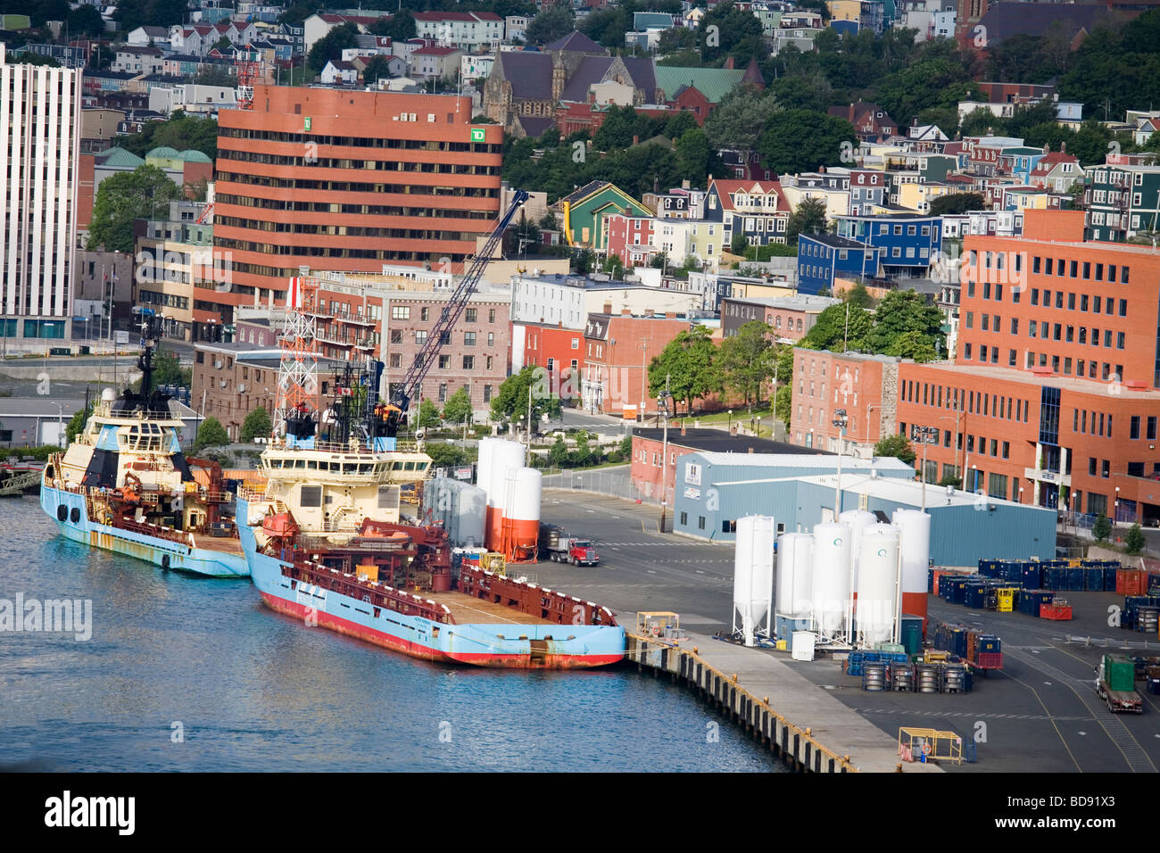 Ships along the waterfront of the city of St. John's, Newfoundland. St. John's is the capital of