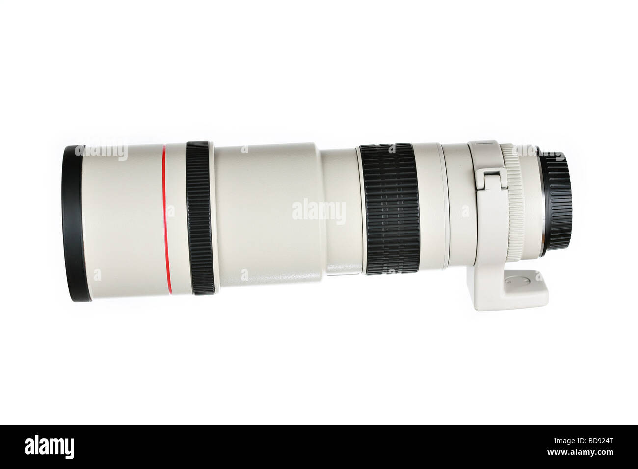 Telephoto camera lens isolated on white background with the shade extended Stock Photo