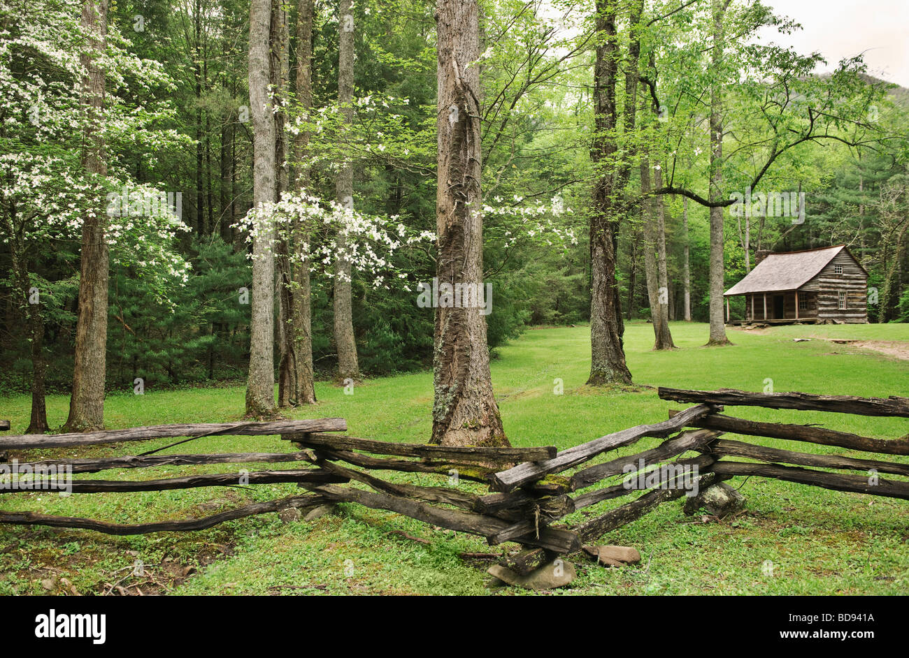 A fence and building in Smoky Mountain National Park Stock Photo