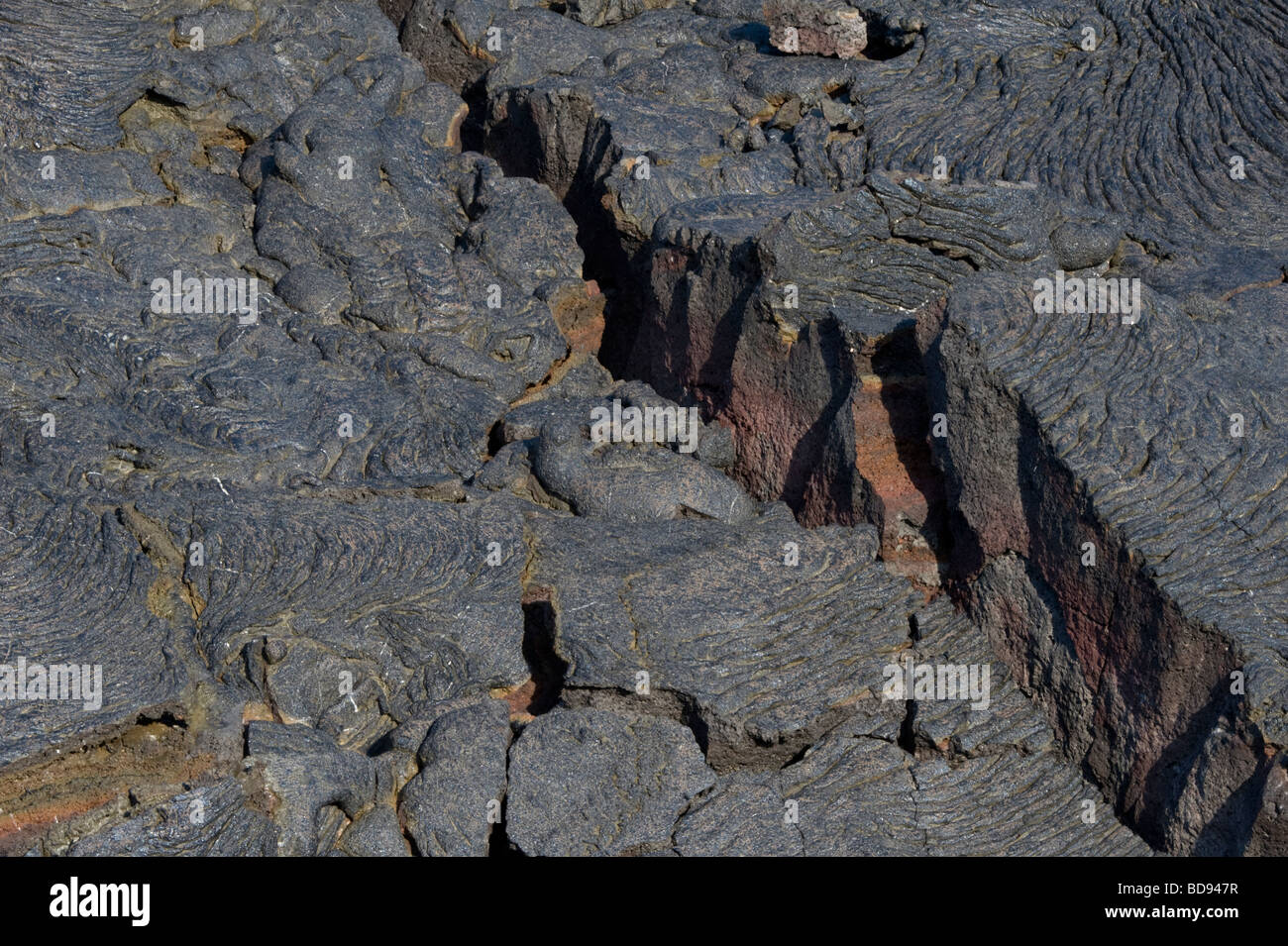 Fissured pahoehoe lava, Sullivan Bay Santiago Island Galapagos Ecuador Pacific Ocean South America May Stock Photo