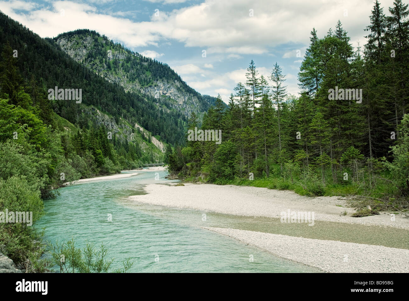 Germany, Bavaria - River Isar and landscape in the Bavarian Alps Stock Photo