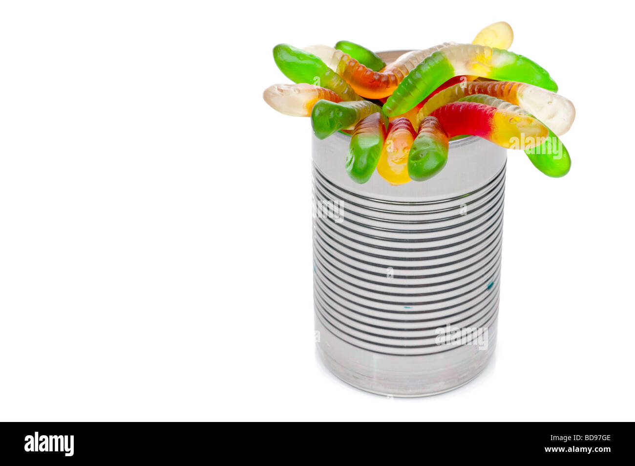 Gum worms coming out of a can "Opening up a can of worms Stock Photo