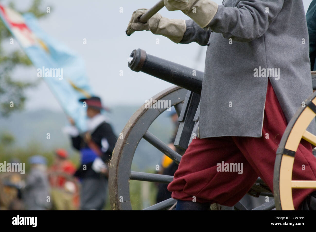 English civil war cannon reenactment battle loading and firing the cannon Stock Photo