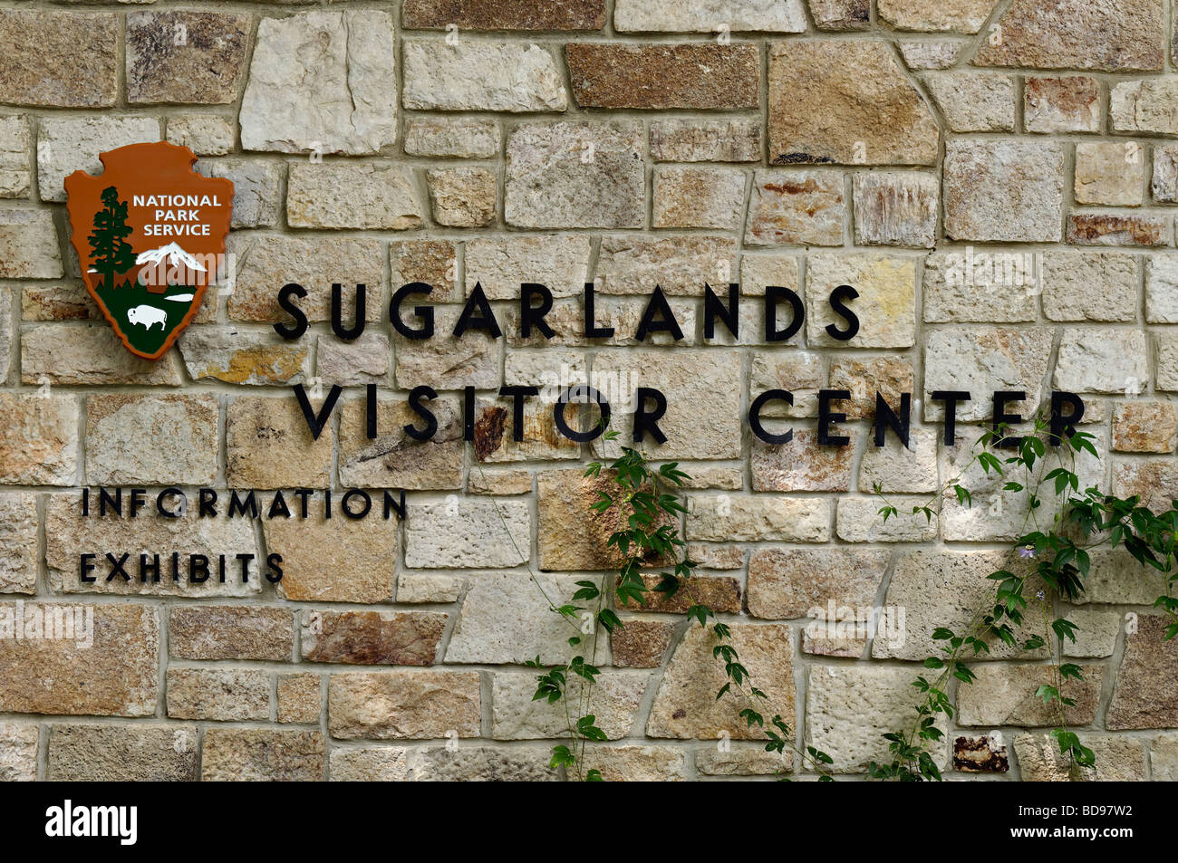 Sugarlands Visitor Center Sign on Side of the Building in the Great Smoky Mountains National Park in Tennessee Stock Photo