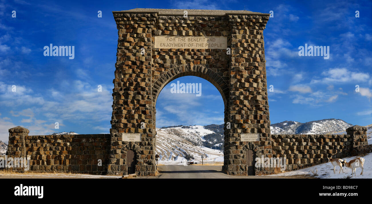 Panorama of original Roosevelt Arch North Gate to Yellowstone National Park Montana built in 1903 Stock Photo