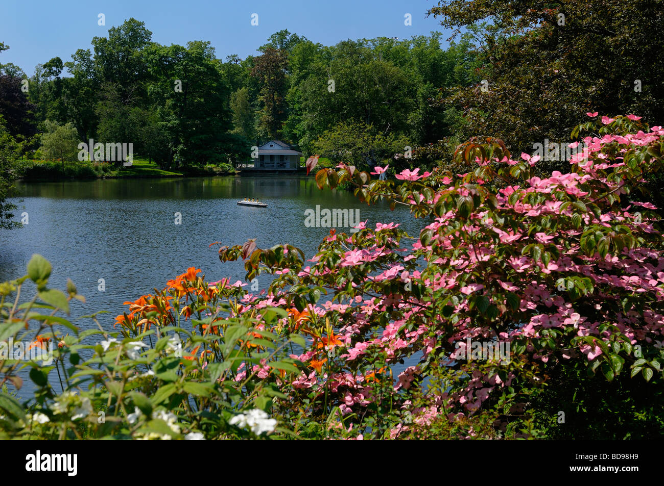 Griffins Pond with flowers and Titanic model at the Historic Halifax Public Gardens Stock Photo