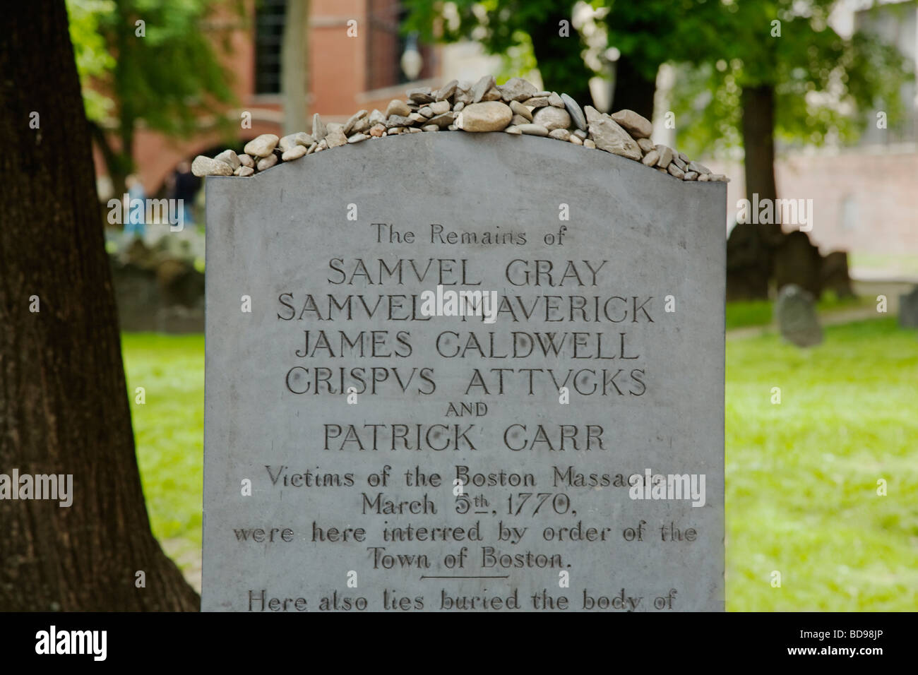 Grave of the victims of the Boston Massacre in the GRANARY BURYING GROUND BOSTON MASSACHUSETTS Stock Photo