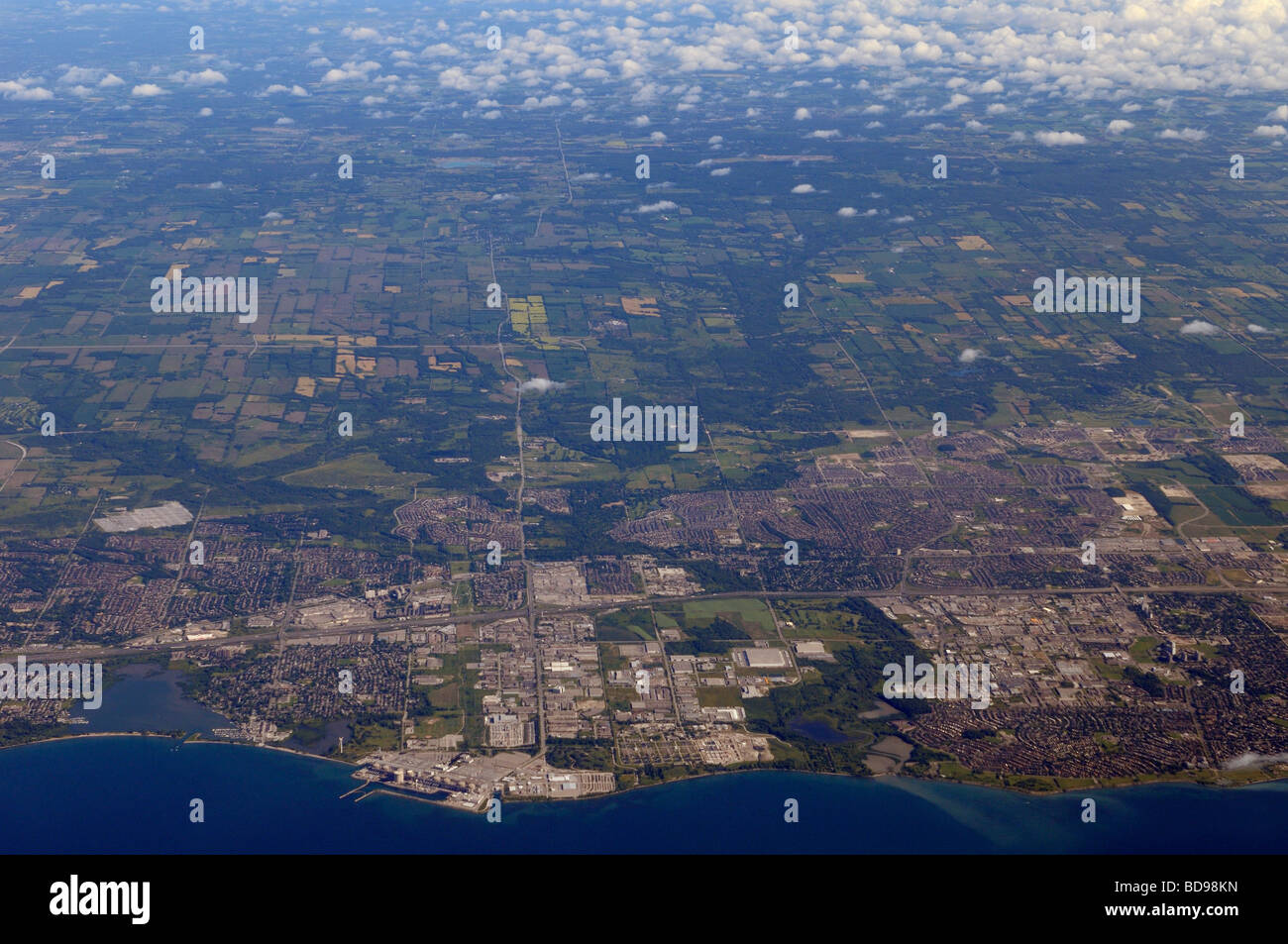 Aerial view of Pickering and the Nuclear Generating Station on Lake Ontario Stock Photo