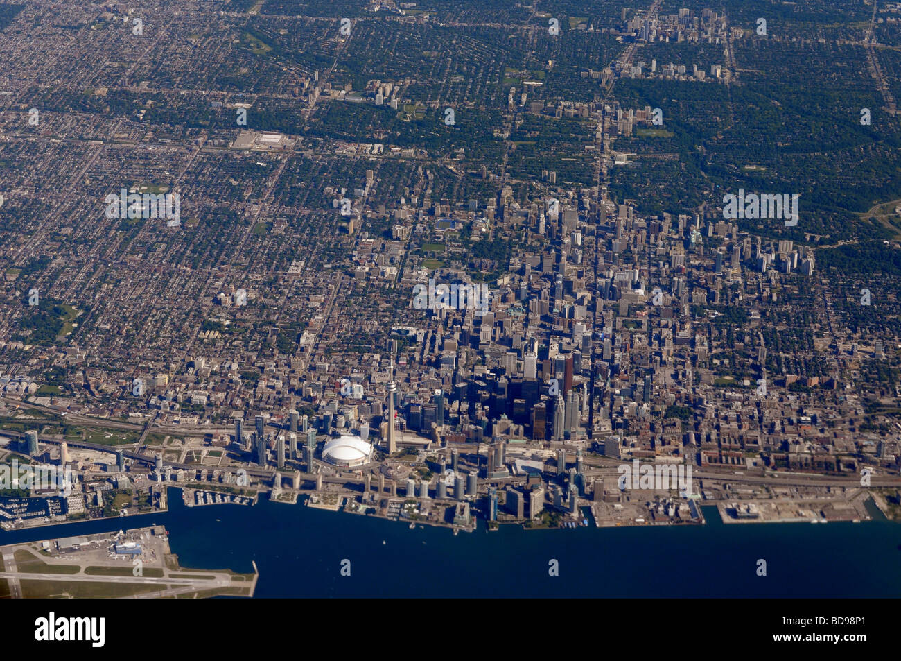 Aerial view of downtown Toronto with Rogers Centre Skydome and financial district highrise towers on Lake Ontario Stock Photo