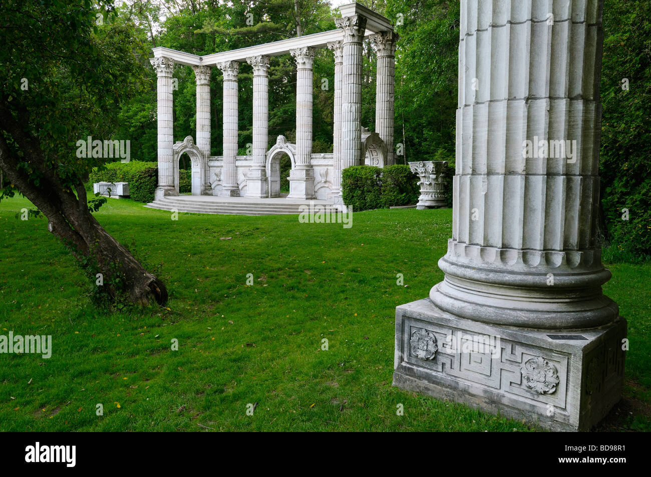 Greek Theatre columns and stage in the forest park of Guild Sculpture Gardens Toronto Stock Photo
