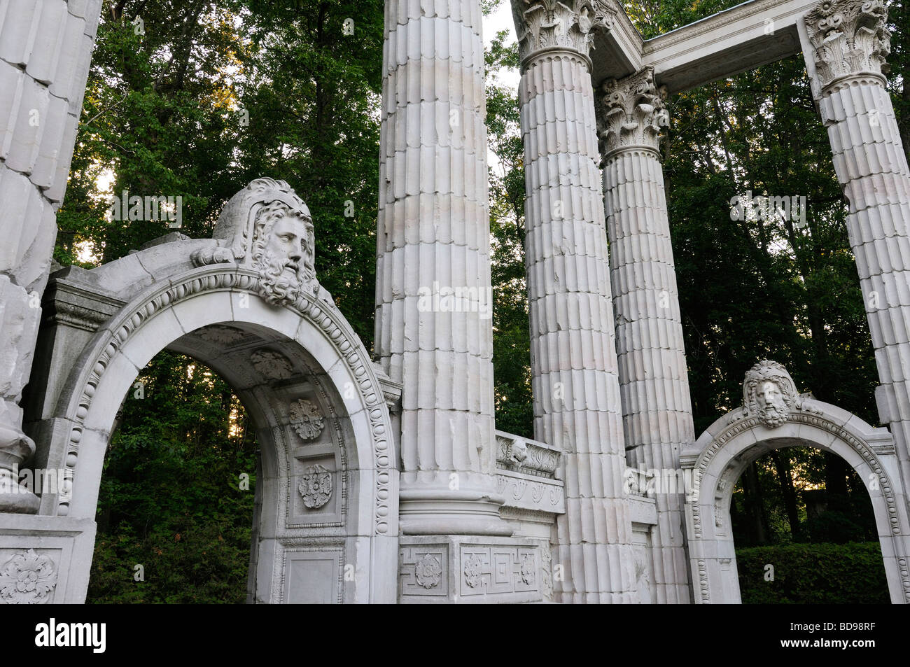 Greek Theatre columns and archways in the forest park of Guild Sculpture Gardens Toronto Stock Photo