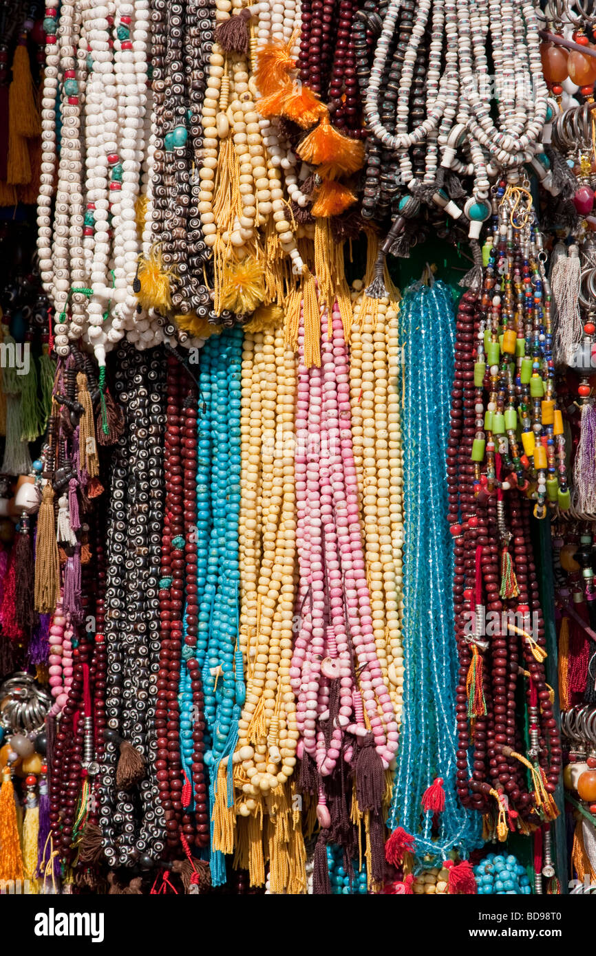 Bodhnath, Nepal.  Bead Necklaces, Rosaries, Prayer Beads. Stock Photo