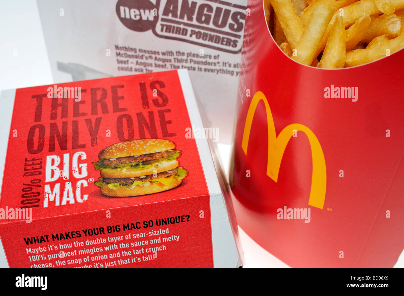 McDonald's Big Mac and french fries in packaging. Stock Photo