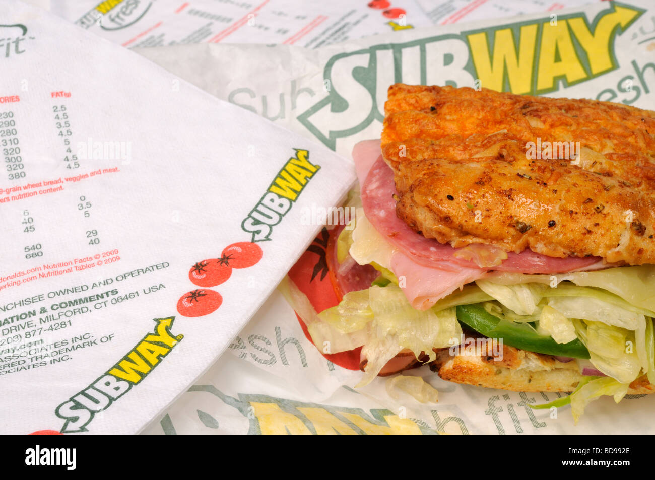 Subway italian submarine sandwich with Subway napkins and wrapper with logo USA. Stock Photo