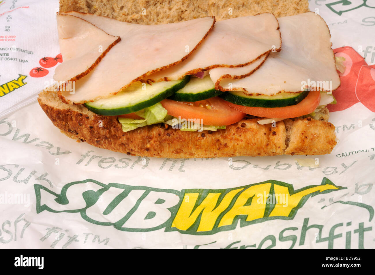 Subway turkey sub sandwich on wrapper with subway logo USA Stock Photo