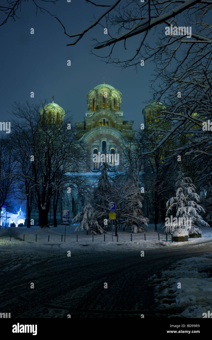 City of Belgrade at Winter Night - Church Sveti Marko Stock Photo
