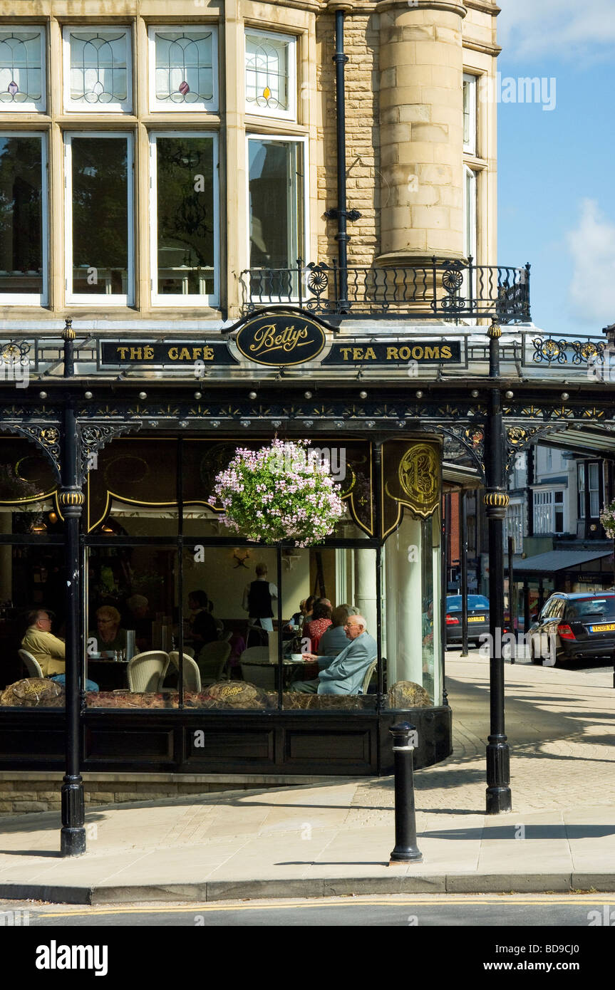 Bettys tearooms cafe shops store in summer on corner of Parliament Street and Montpellier Parade Harrogate North Yorkshire England UK United Kingdom Stock Photo