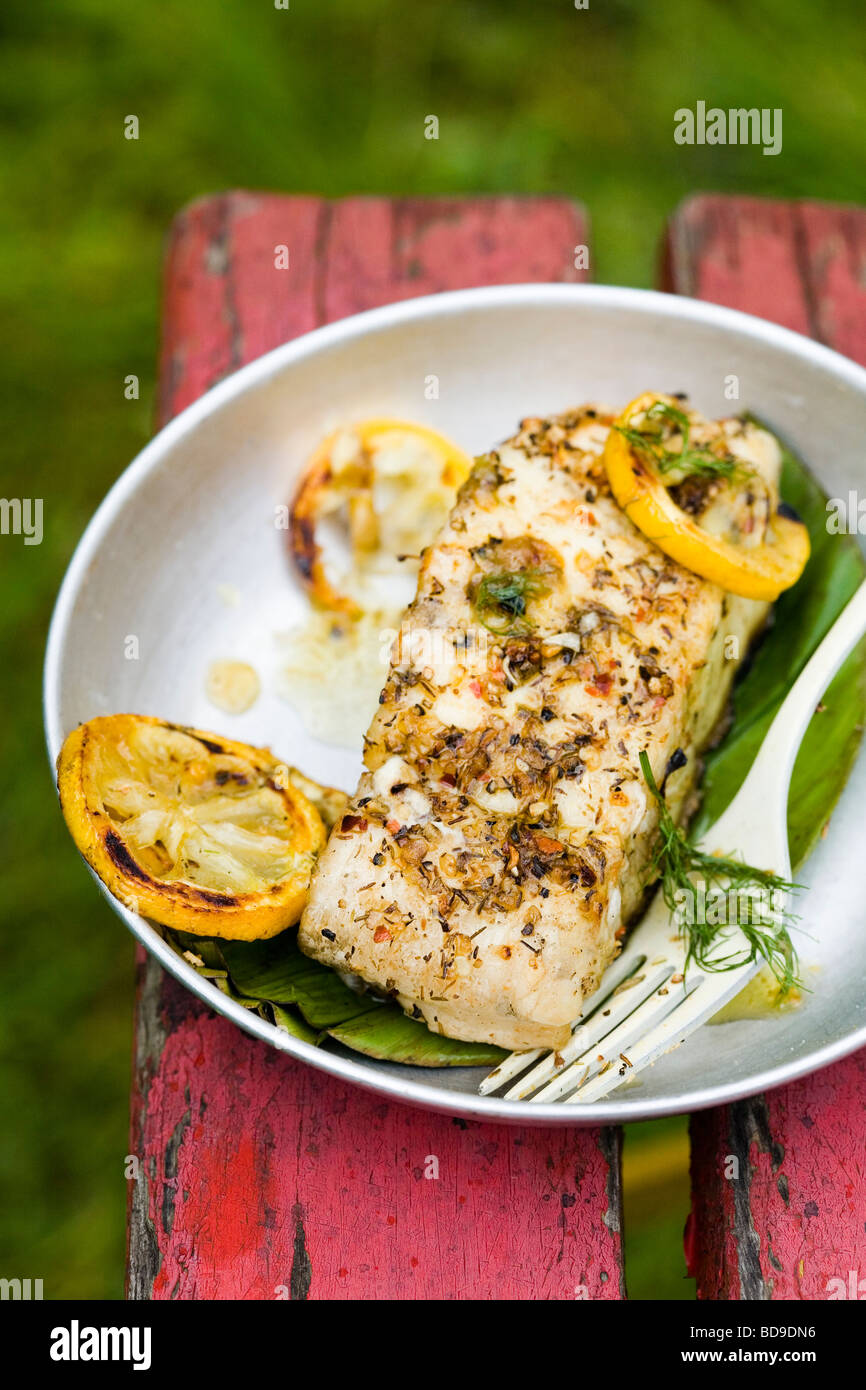 Grilled Halibut Steak Stock Photo Alamy