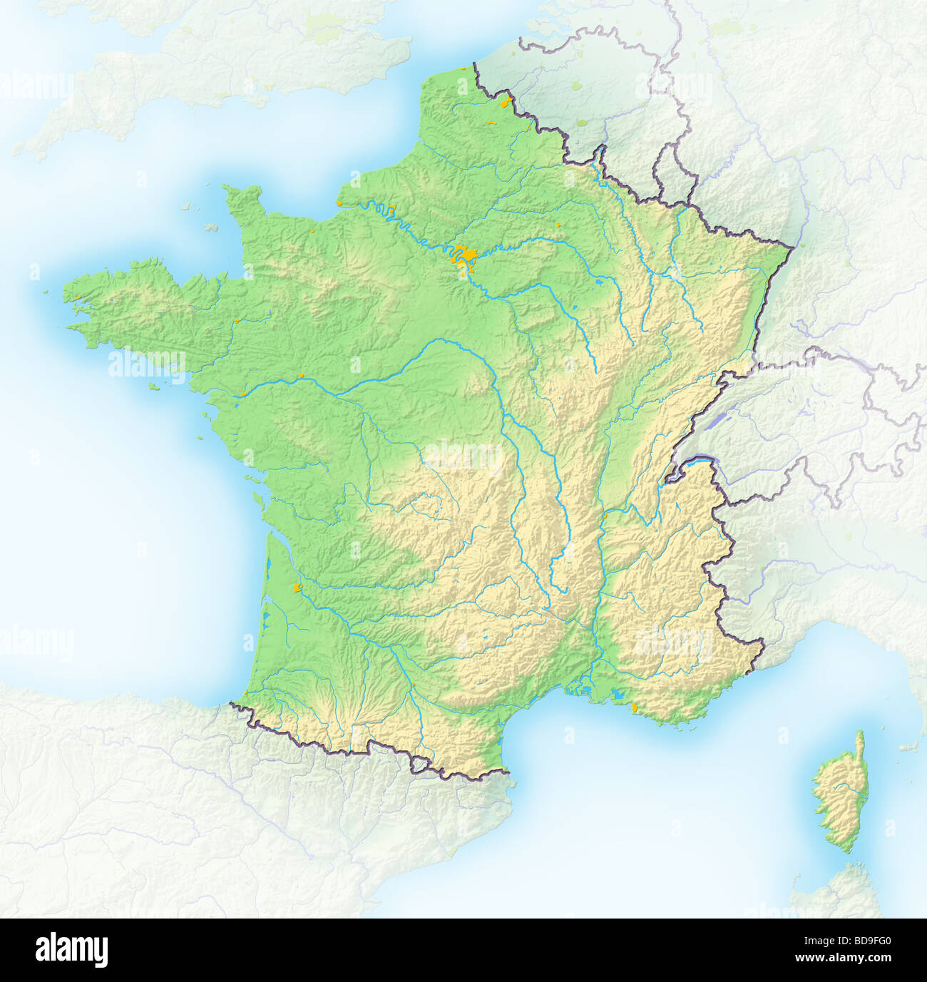 France, shaded relief map. Stock Photo