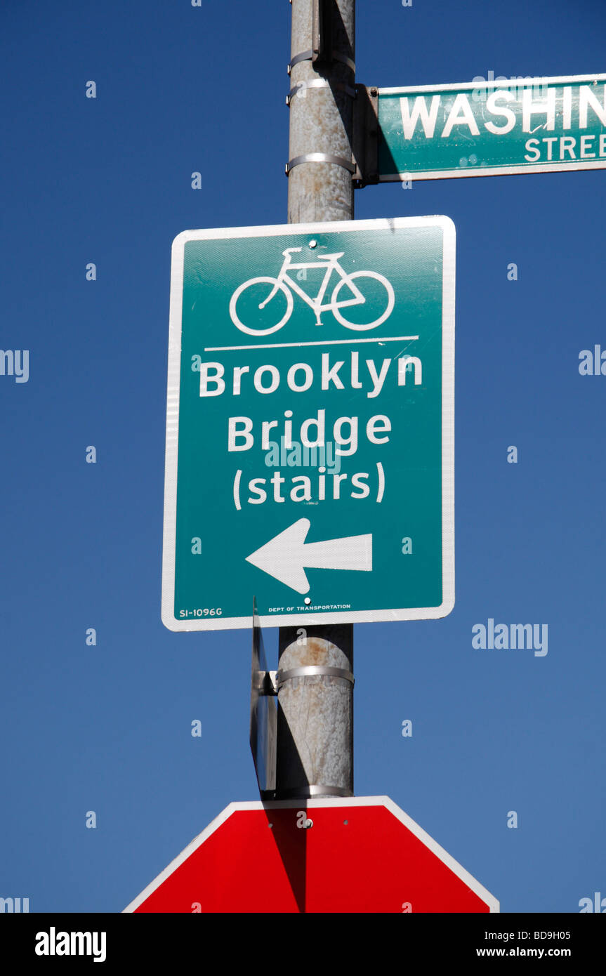 A road direction sign for stairs leading to Brooklyn Bridge, Brooklyn, New York, United States. Stock Photo