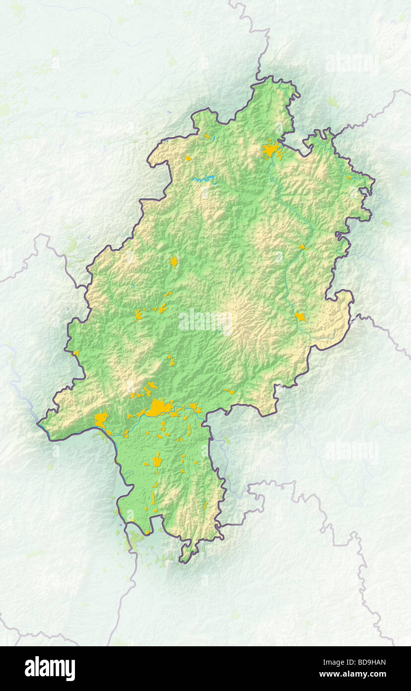 Hessen, german federal state, shaded relief map. Stock Photo