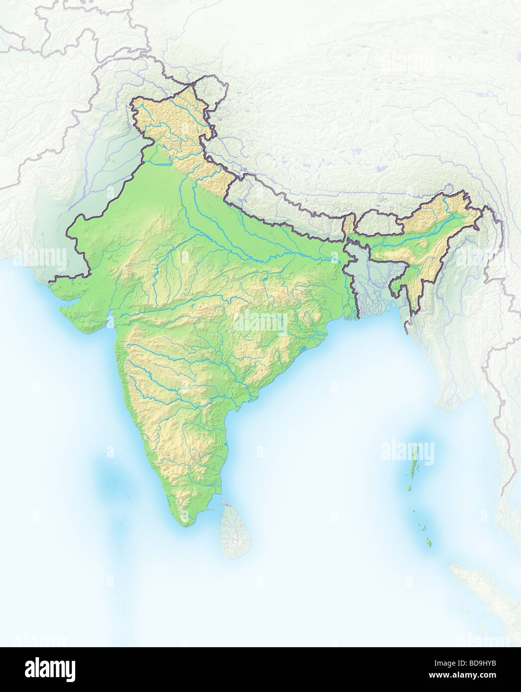 India, shaded relief map. Stock Photo