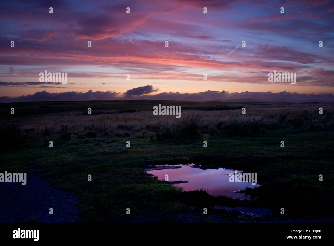 Dusk on the Welsh Moors Colourful Reflections Night  Sky Stock Photo
