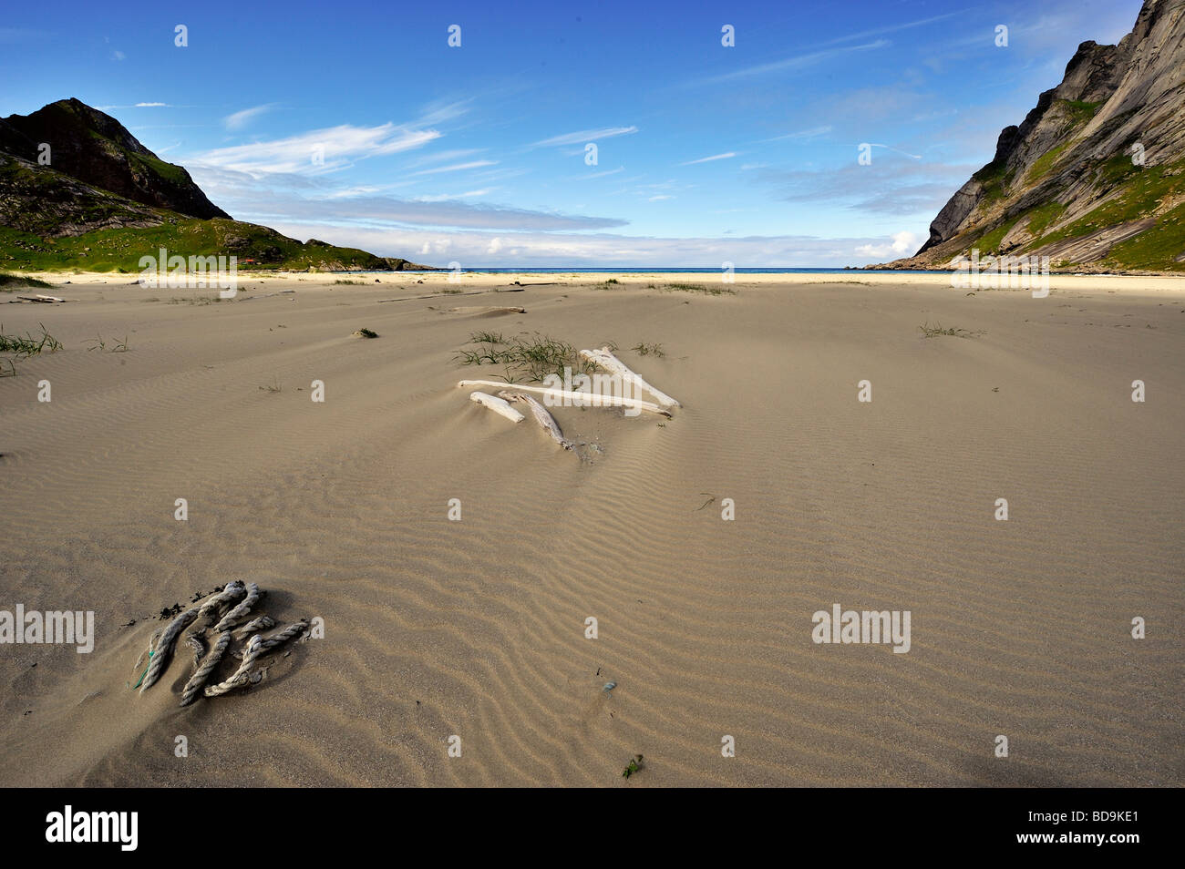 Remains of the shipwrecked fishing boat on a beach in Lofoten,Norway Stock Photo