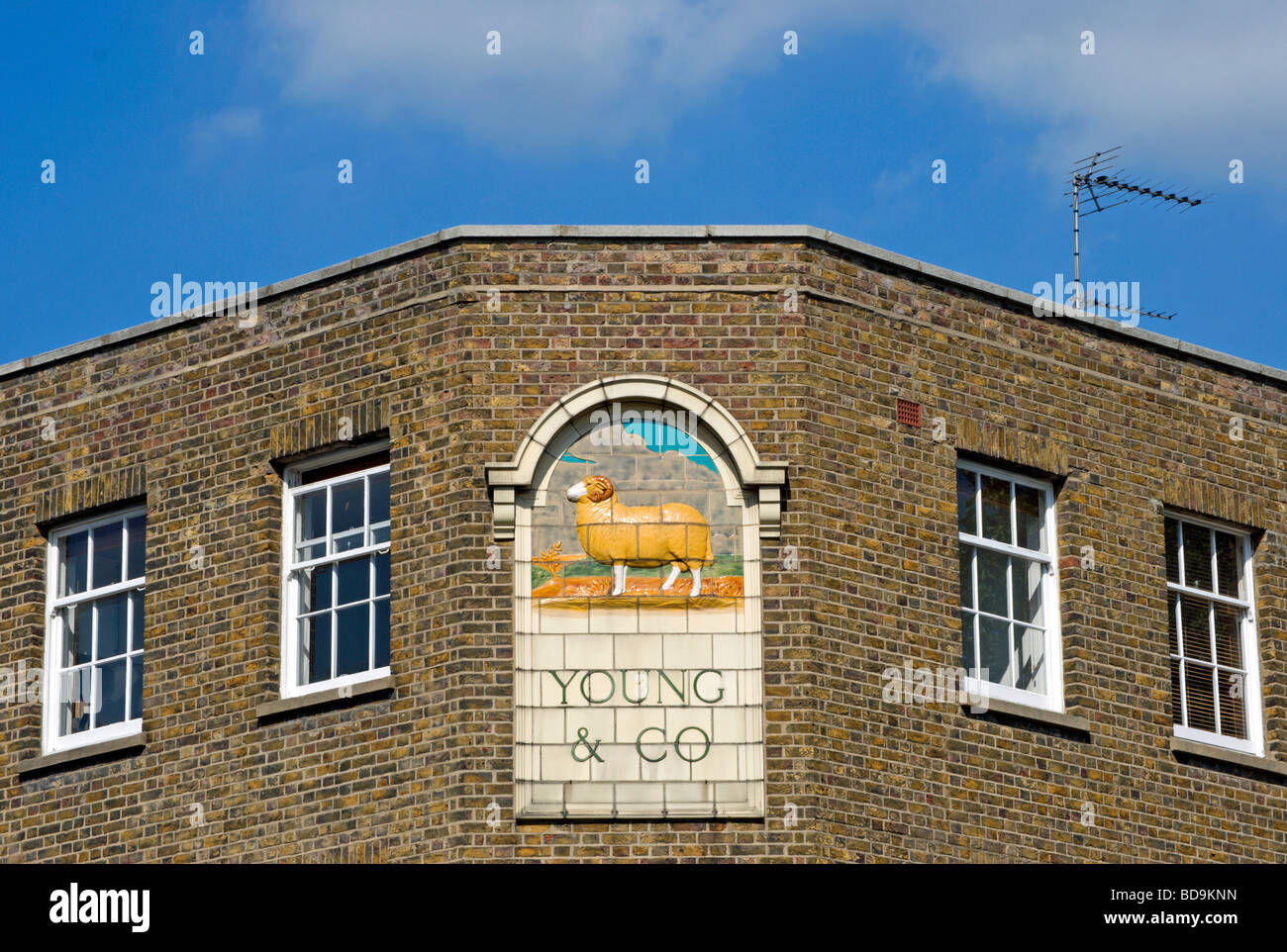 image of a ram, symbol of young & co brewery, at the crown and anchor pub on chiswck high road, chiswck, west london, england Stock Photo