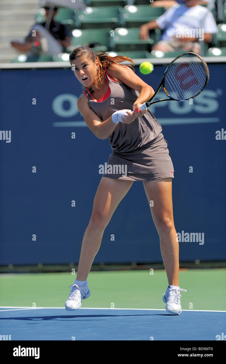 Sorana Cirstea of Romania hits a backhand  during the Los Angeles Open Championship US Open Series event. Stock Photo