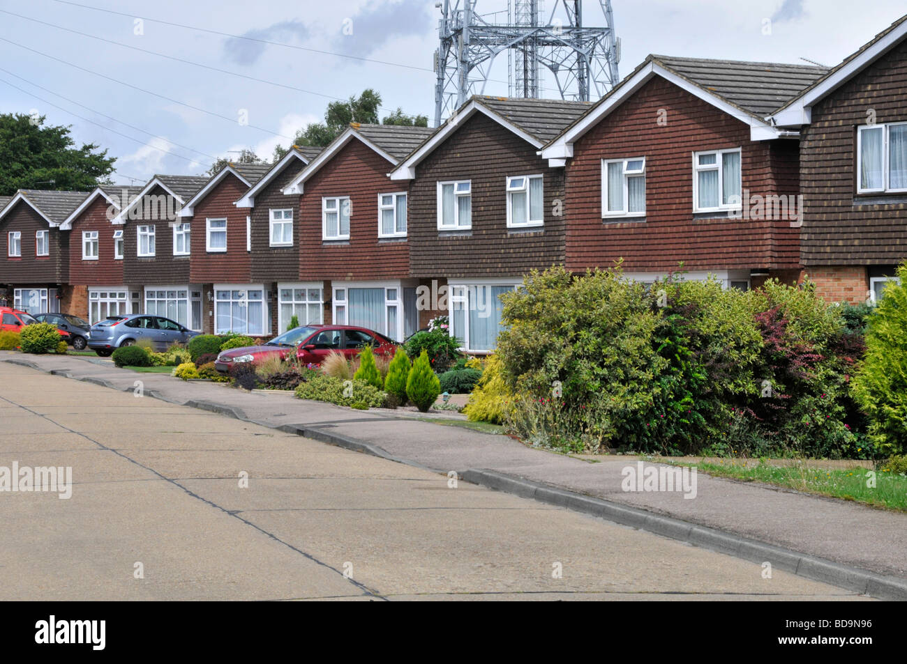 Row of homes in residential street of real estate housing property