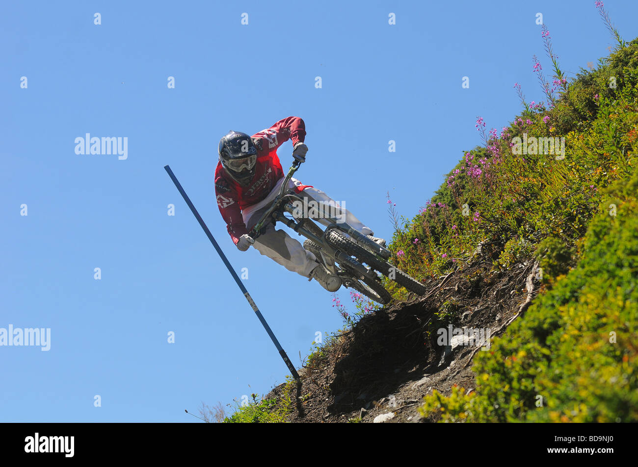 A downhill mountain biker riding in Les Arcs in the French Alps Stock