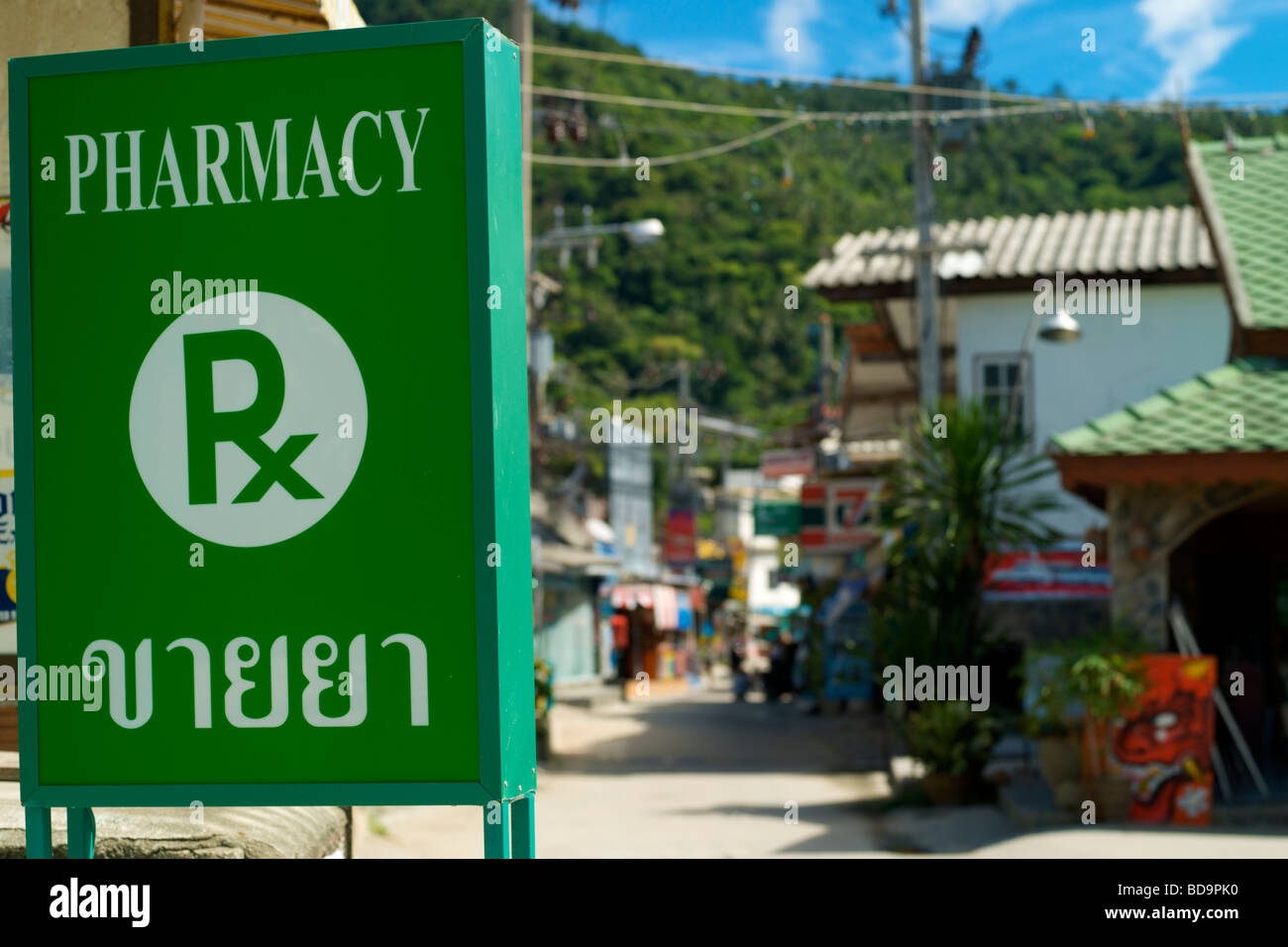 Pharmacy sign in Haad Rin Koh Phangan Thailand. Stock Photo