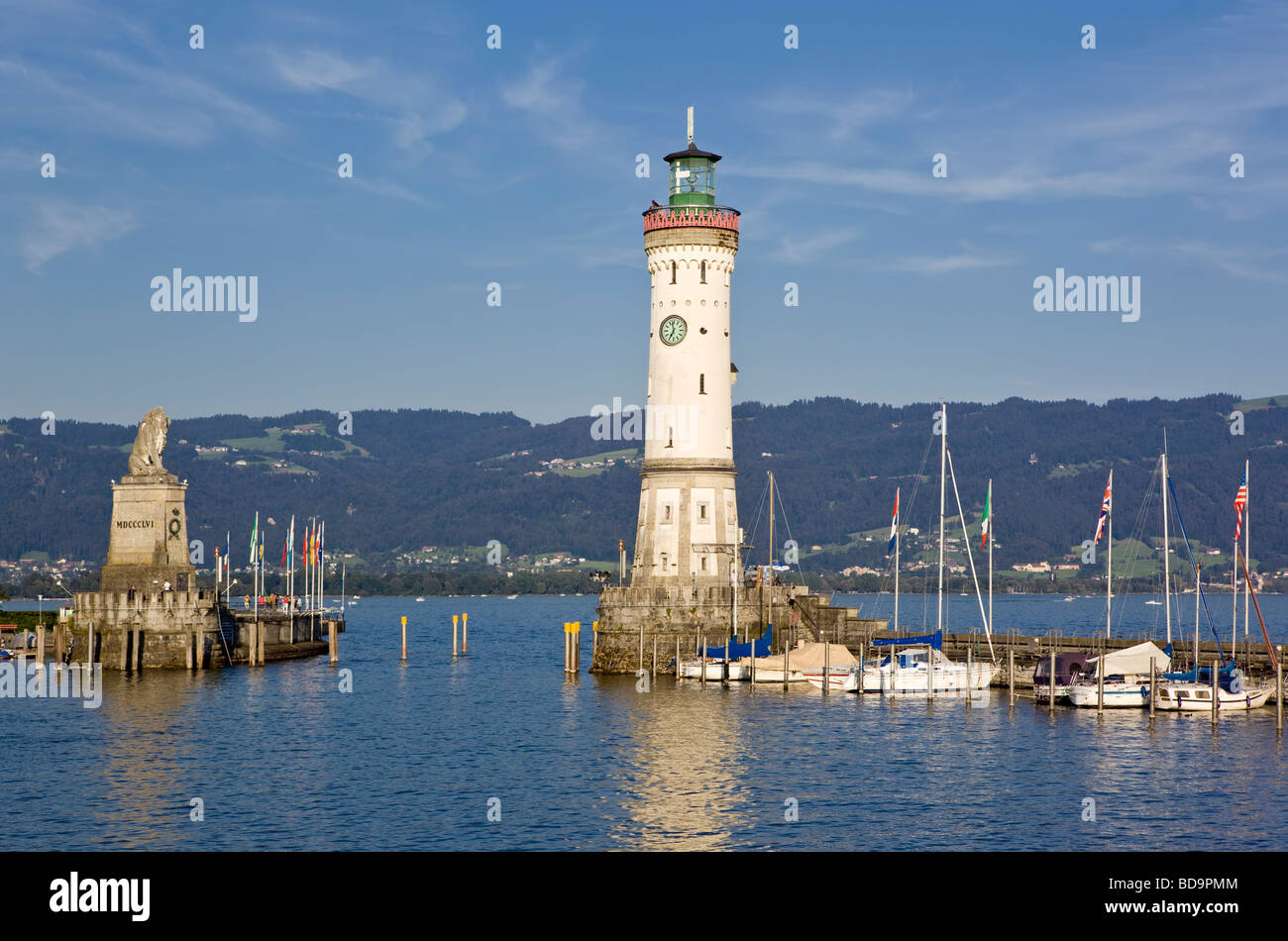 Lindau Harbour on lake Konstanz (Bodensee) with heritage landmark lighthouse Stock Photo