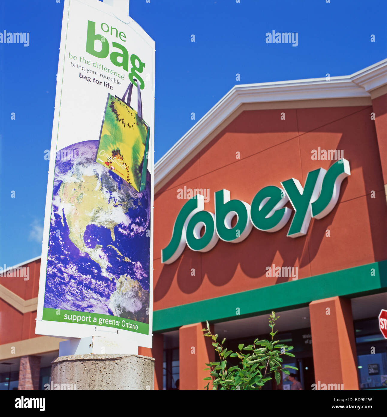 Bag for Life banner promoting a greener Ontario at Sobeys supermarket Ontario Canada  KATHY DEWITT Stock Photo