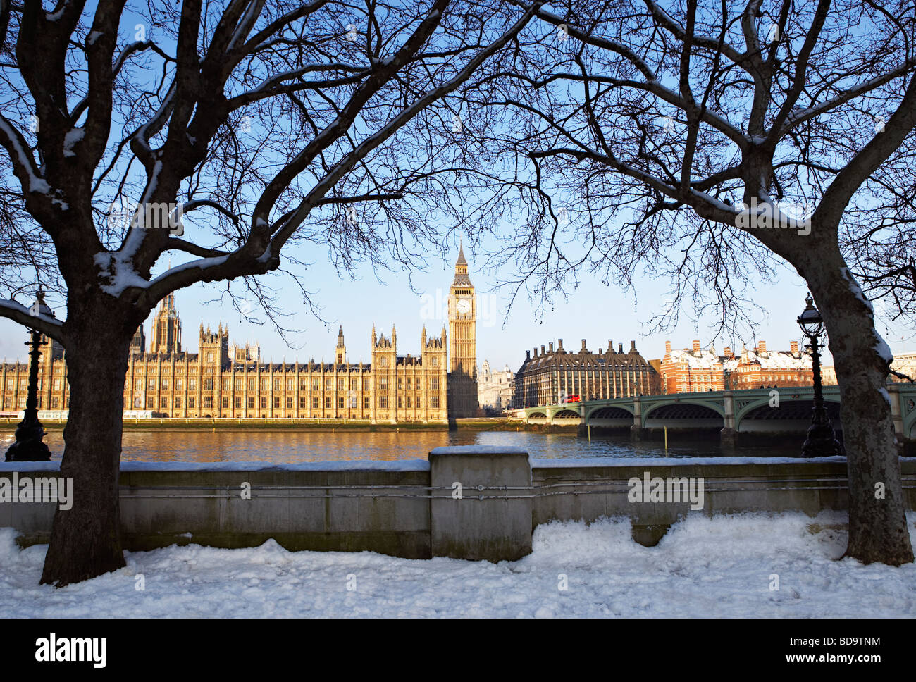 Snow on ground in front of Houses of Parliament and Big Ben London England Stock Photo