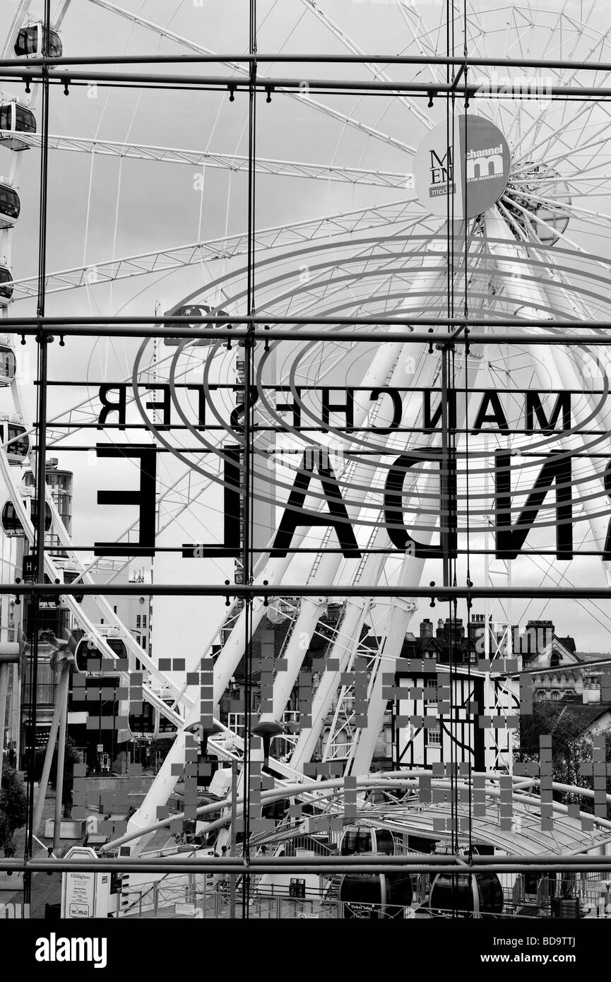 Black and White of the Manchester Eye viewed from the Arndale centre. Stock Photo