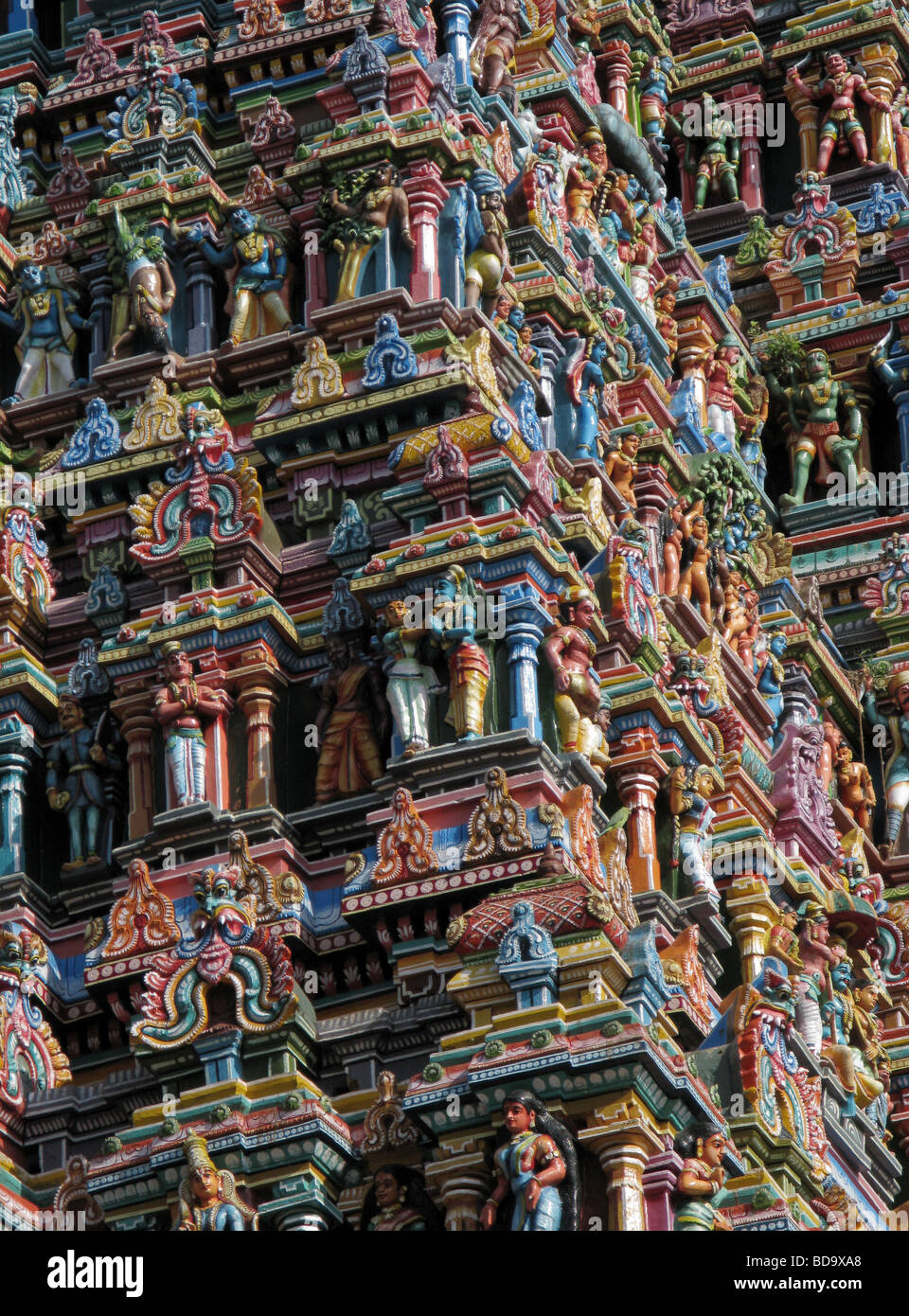 Close up of a Gopuram on a hindu temple, alagar kovil, north of Madurai, Tamil Nadu, South India Stock Photo
