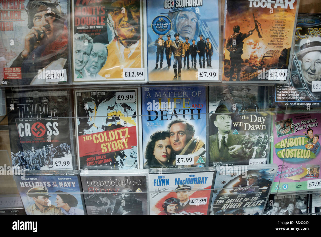 Classic war film DVDs in shop window Stock Photo