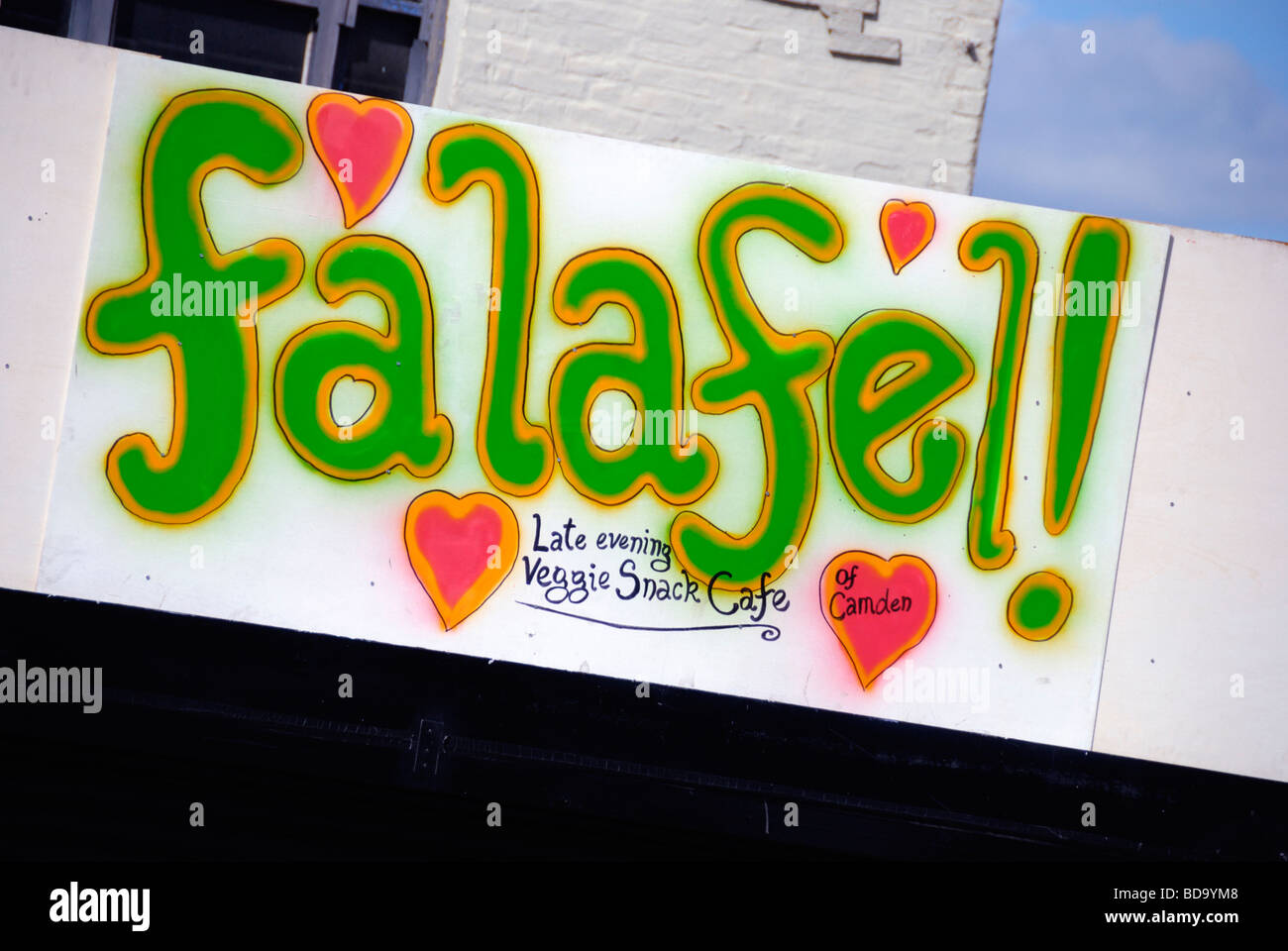 Falafel sign above Middle Eastern restaurant and take away Stock Photo